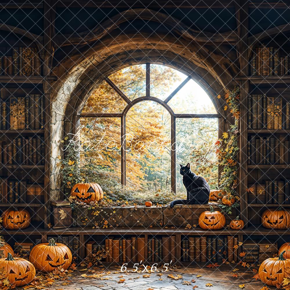 Kate Halloween Backdrop Book Wall Window Black Cat Designed by Emetselch - Kate Backdrop AU