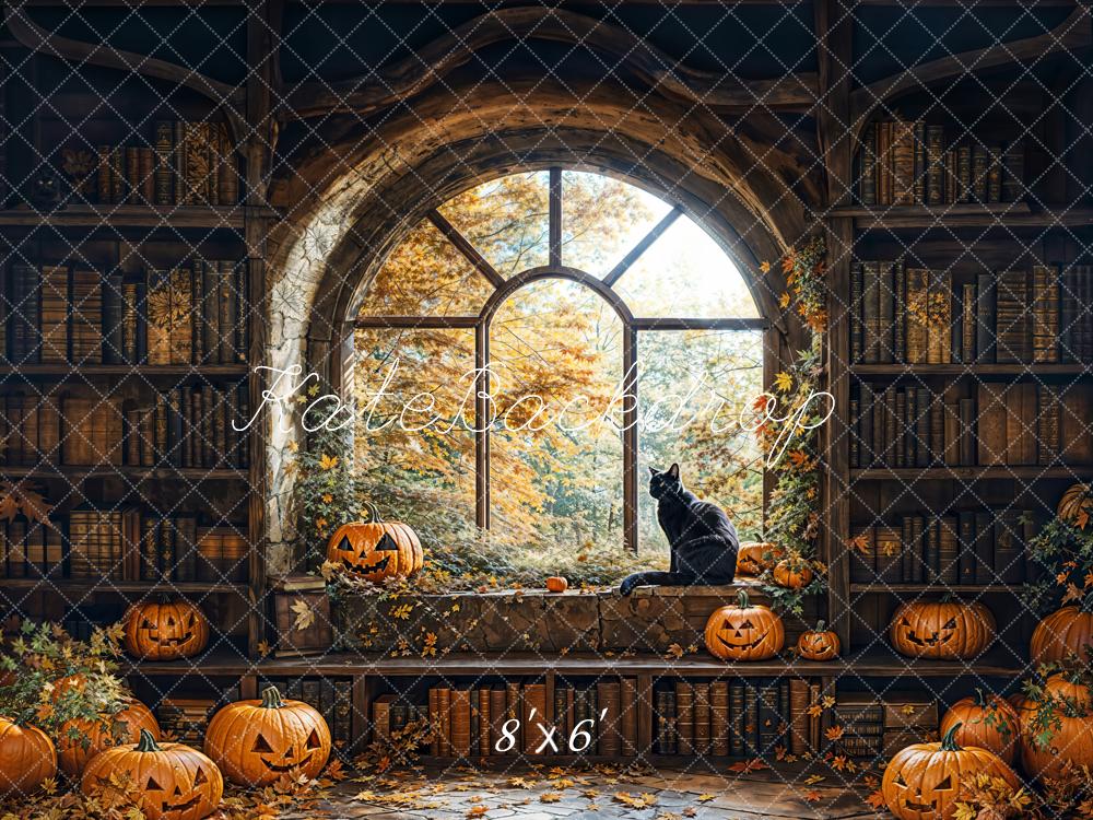 Kate Halloween Backdrop Book Wall Window Black Cat Designed by Emetselch - Kate Backdrop AU