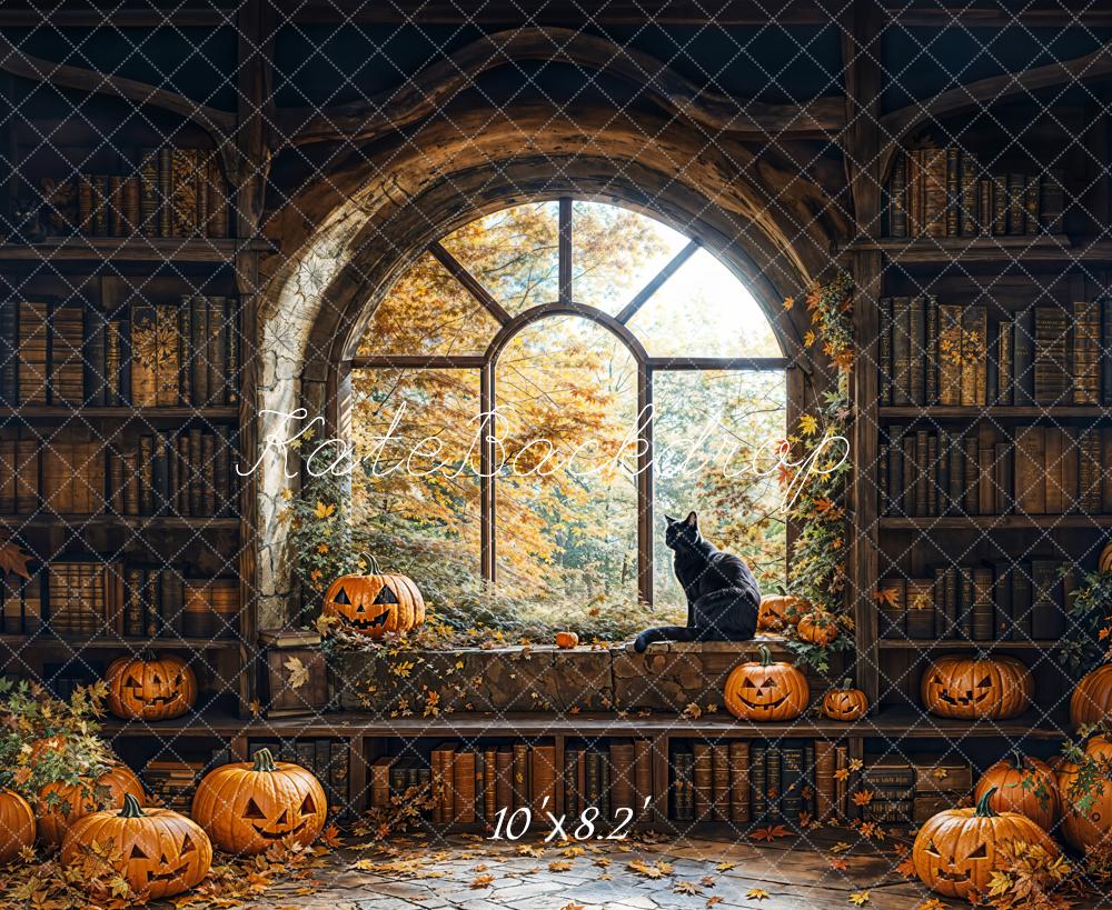 Kate Halloween Backdrop Book Wall Window Black Cat Designed by Emetselch - Kate Backdrop AU