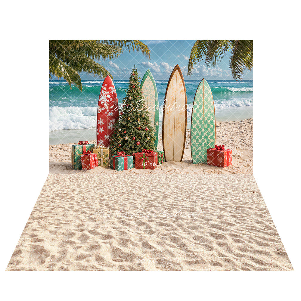 Kate Beach Christmas Tree Surfboard Backdrop+Sand Floor Backdrop