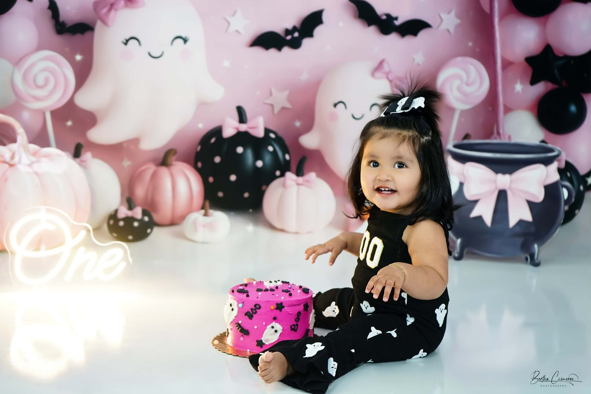 Kate Halloween Ghost Balloons Pumpkins Backdrop Designed by Ashley Paul - Kate Backdrop AU