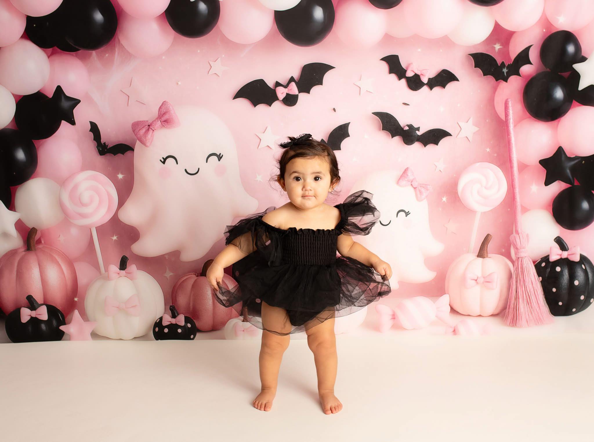 Kate Halloween Ghost Balloons Pumpkins Backdrop Designed by Ashley Paul - Kate Backdrop AU