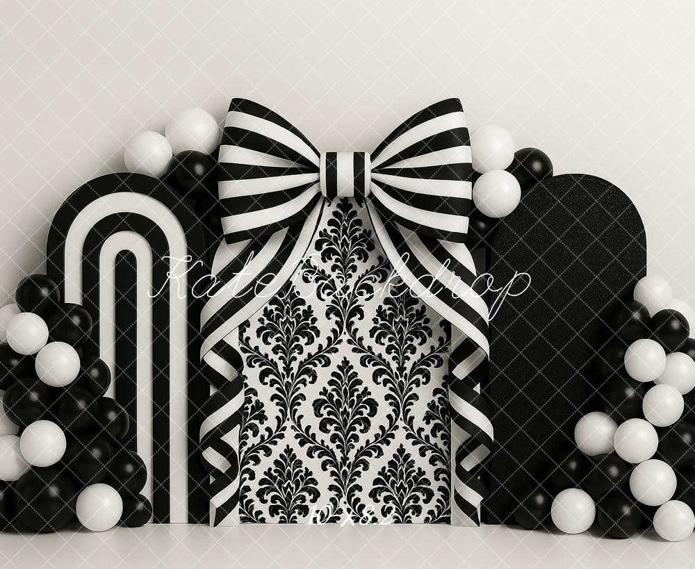 Kate Black Bows Balloons Backdrop Cake Smash Designed by Ashley Paul - Kate Backdrop AU