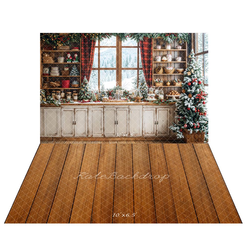 Kate Christmas Kitchen Window Backdrop+Wood Floor Backdrop