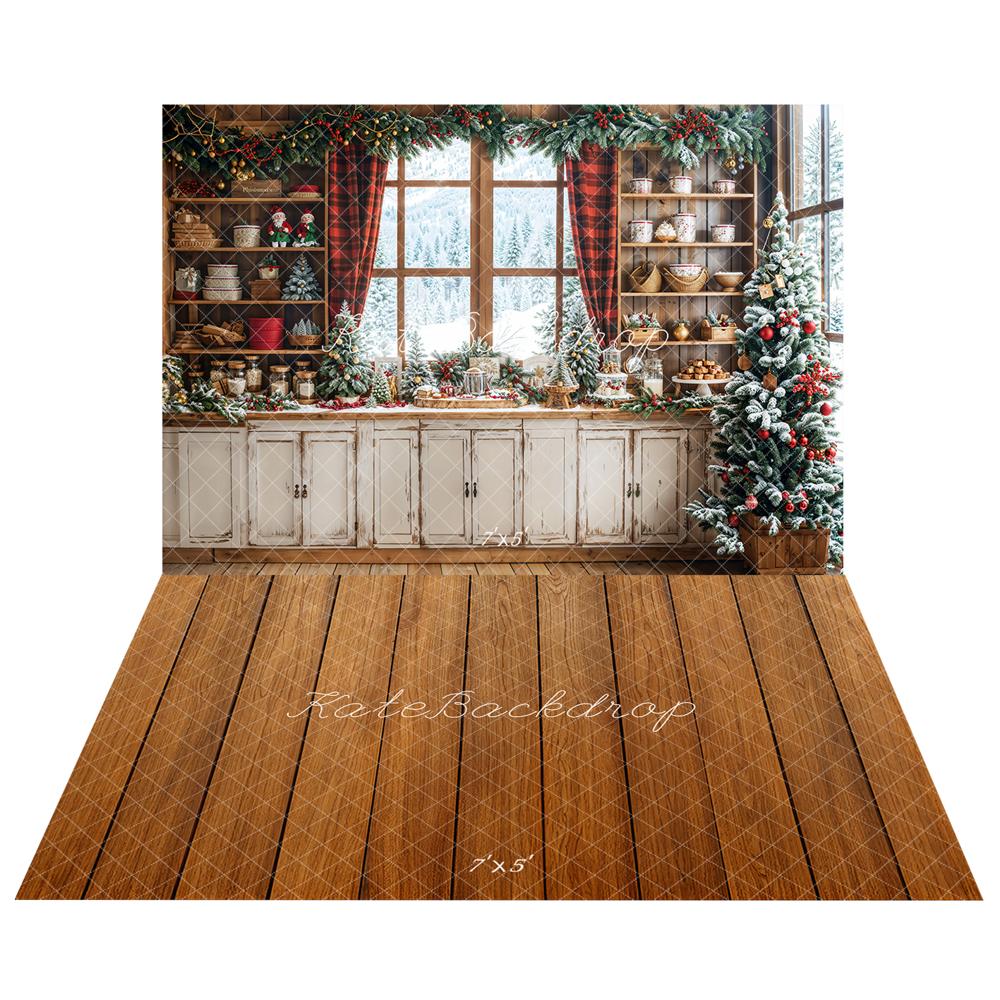 Kate Christmas Kitchen Window Backdrop+Wood Floor Backdrop