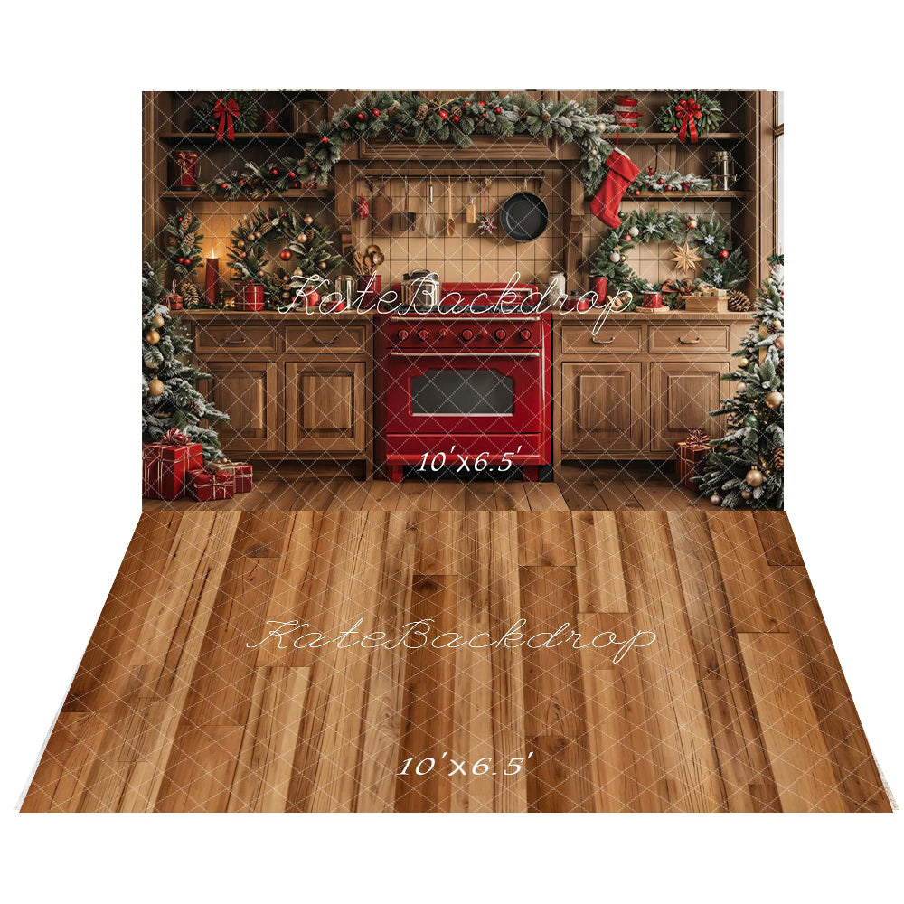 Kate Wooden Christmas Kitchen Backdrop+Wood Floor Backdrop