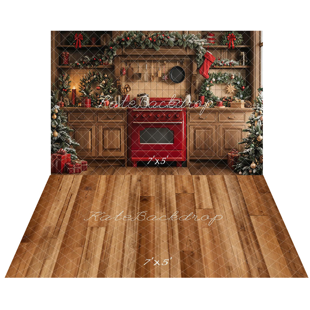 Kate Wooden Christmas Kitchen Backdrop+Wood Floor Backdrop