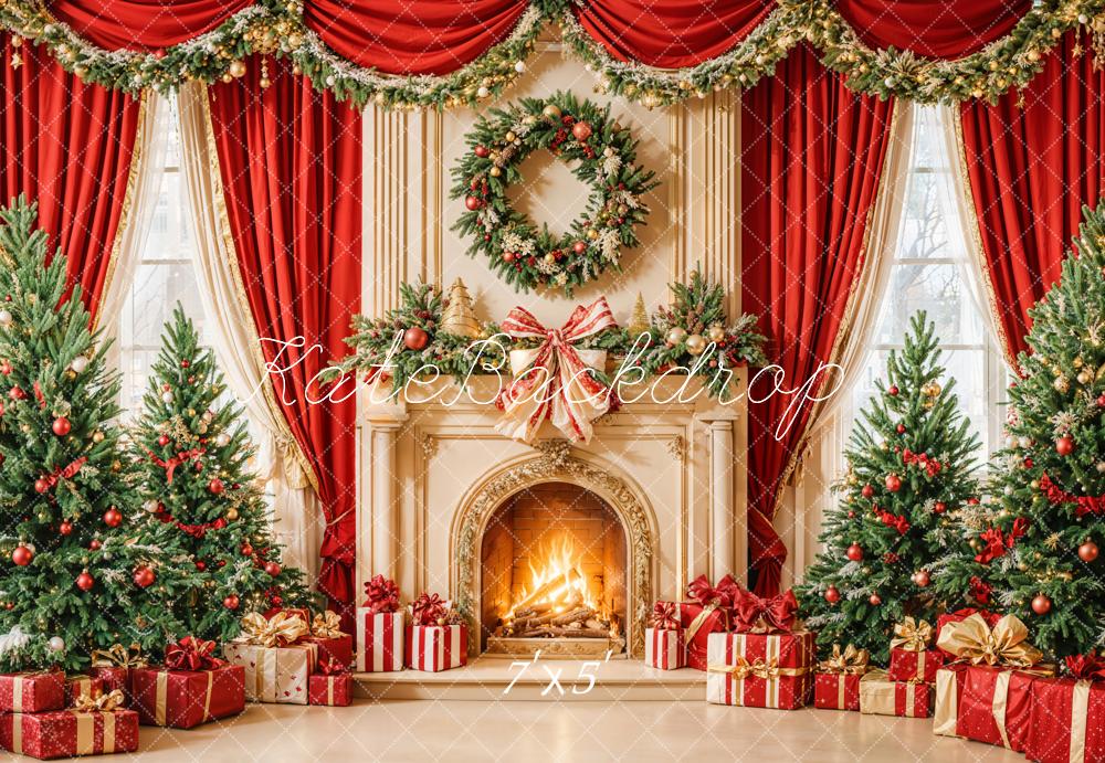 LONSALE Kate Christmas Backdrop Red Curtain Fireplace Gift Designed by Emetselch