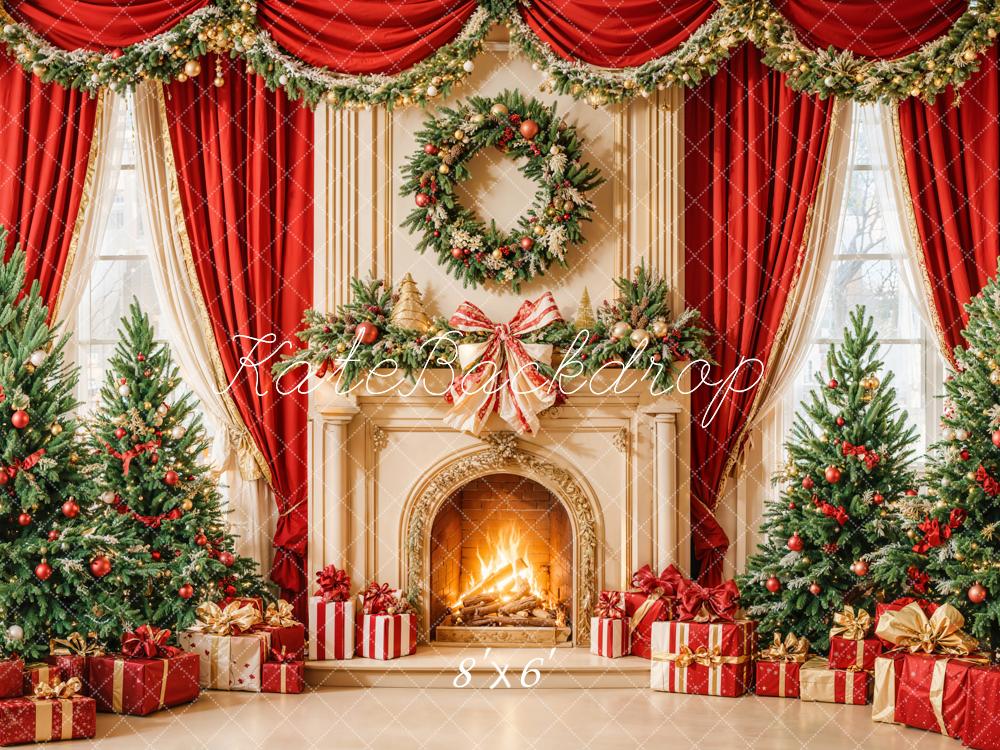 LONSALE Kate Christmas Backdrop Red Curtain Fireplace Gift Designed by Emetselch - Kate Backdrop AU