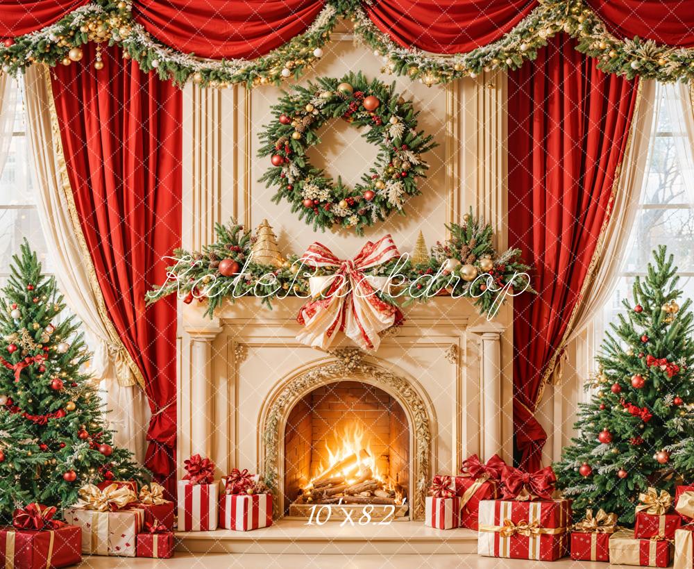 LONSALE Kate Christmas Backdrop Red Curtain Fireplace Gift Designed by Emetselch