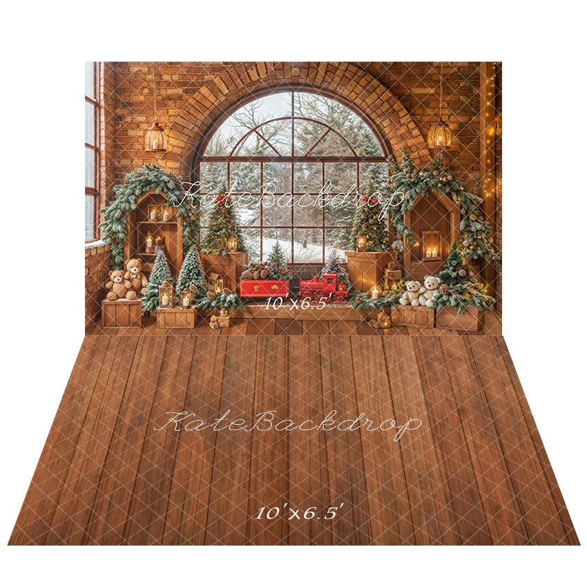 Kate Brick Christmas Window Backdrop+Wood Floor Backdrop - Kate Backdrop AU