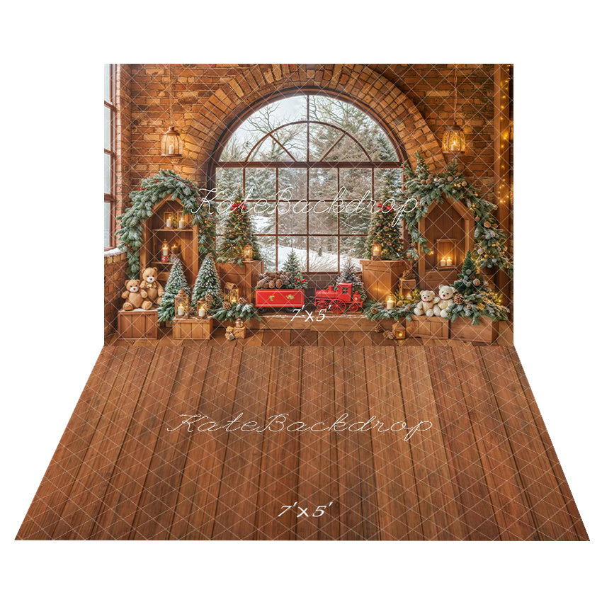 Kate Brick Christmas Window Backdrop+Wood Floor Backdrop - Kate Backdrop AU