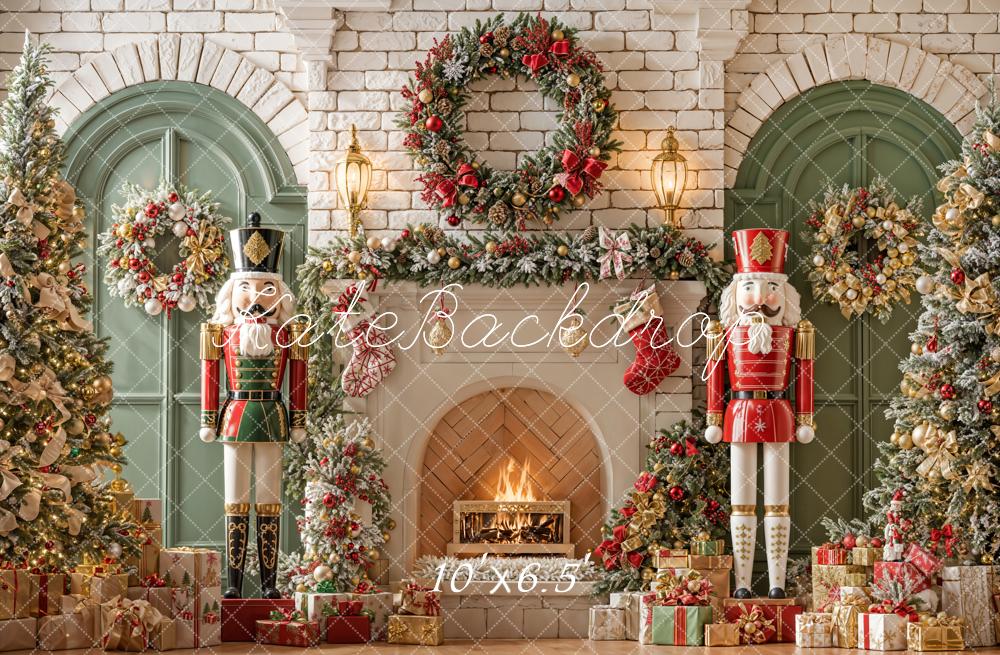Kate Fireplace Nutcracker Christmas Backdrop Garland Brick Wall Designed by Emetselch - Kate Backdrop AU