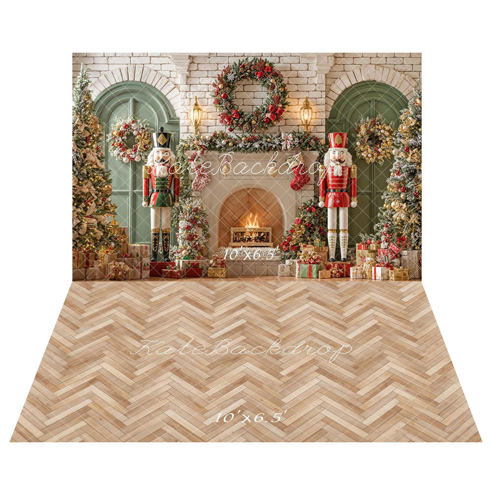 Kate Christmas Nutcracker Wreath Fireplace Backdrop+Twill Wood Floor Backdrop