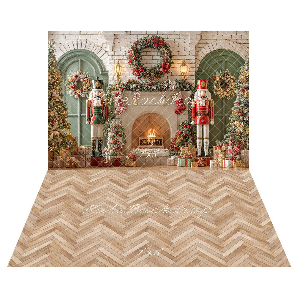 Kate Christmas Nutcracker Wreath Fireplace Backdrop+Twill Wood Floor Backdrop