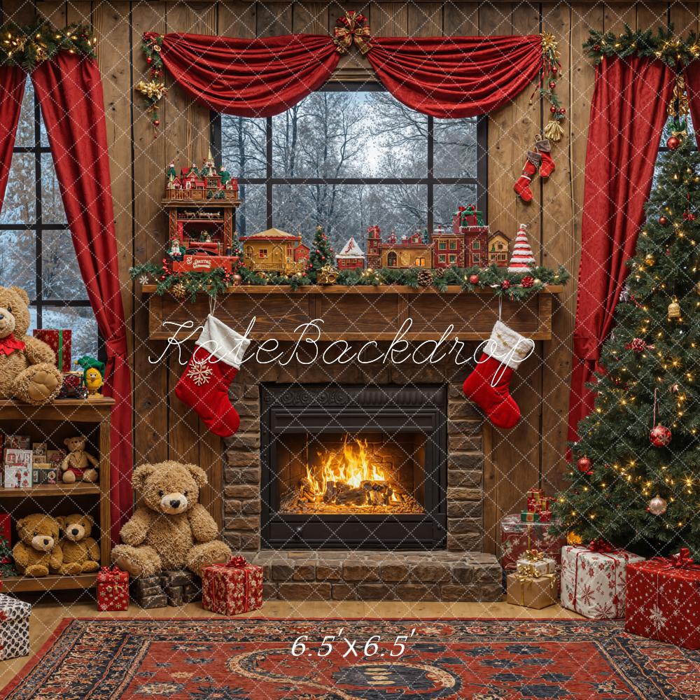 Kate Christmas Tree Fireplace Bear Backdrop Designed by Emetselch - Kate Backdrop AU