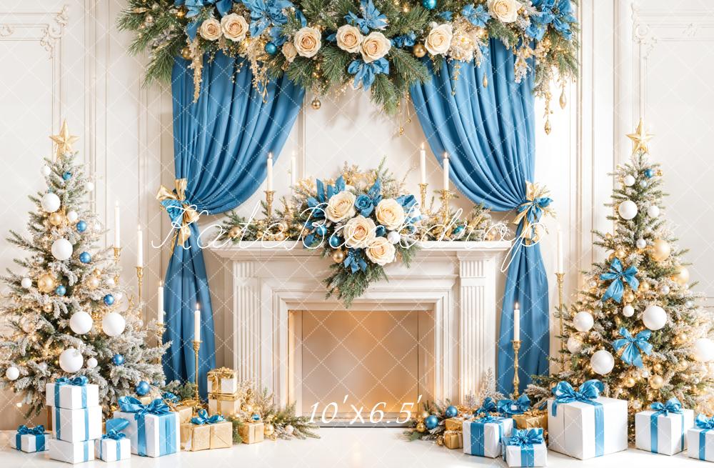 Kate Fireplace Blue Curtains Christmas Backdrop Designed by Emetselch
