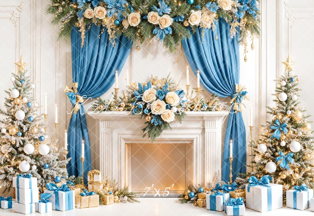 Kate Fireplace Blue Curtains Christmas Backdrop Designed by Emetselch