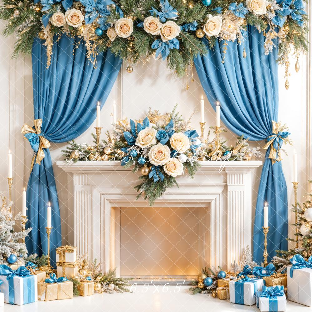 Kate Fireplace Blue Curtains Christmas Backdrop Designed by Emetselch