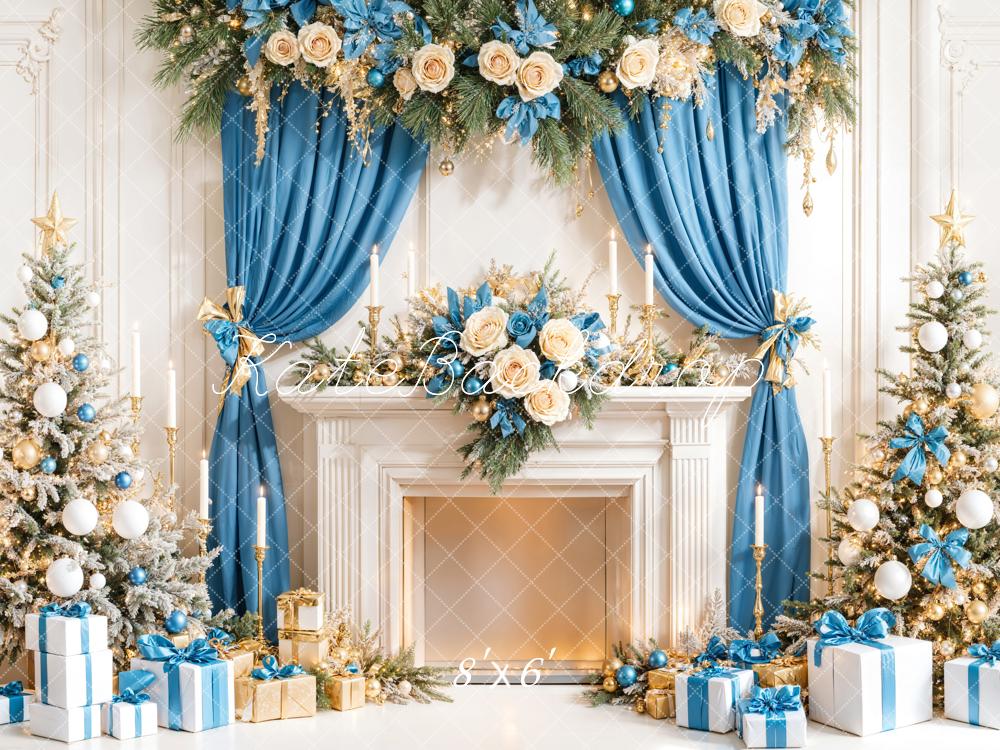Kate Fireplace Blue Curtains Christmas Backdrop Designed by Emetselch