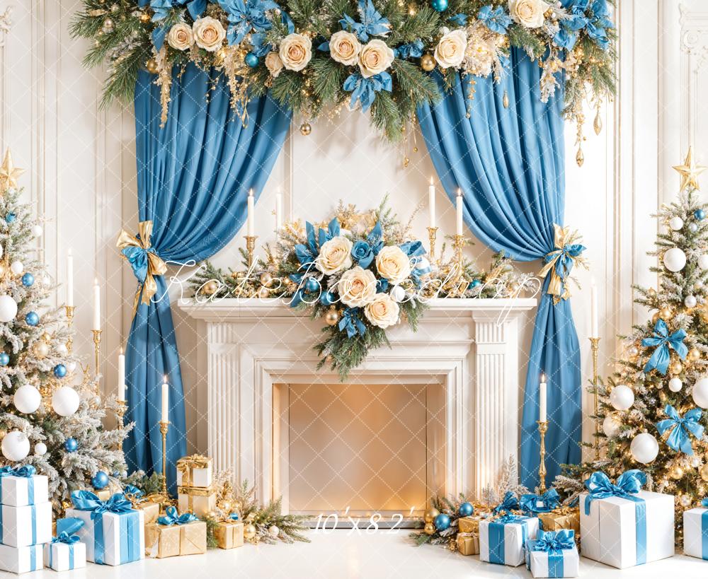 Kate Fireplace Blue Curtains Christmas Backdrop Designed by Emetselch