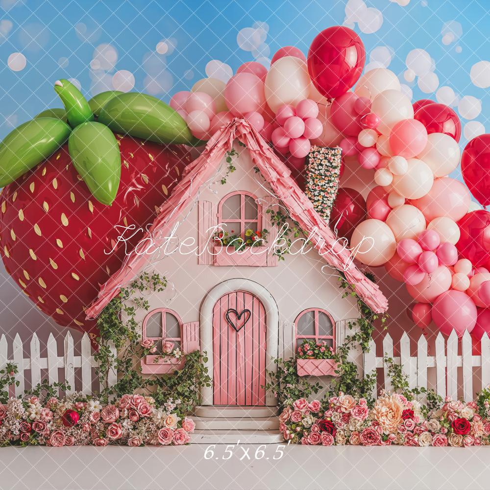 Kate Strawberry House Backdrop Pink Balloon Cake Smash Designed by Emetselch - Kate Backdrop AU