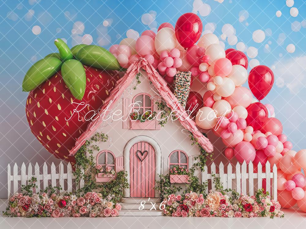 Kate Strawberry House Backdrop Pink Balloon Cake Smash Designed by Emetselch - Kate Backdrop AU