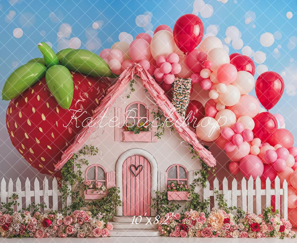 Kate Strawberry House Backdrop Pink Balloon Cake Smash Designed by Emetselch - Kate Backdrop AU
