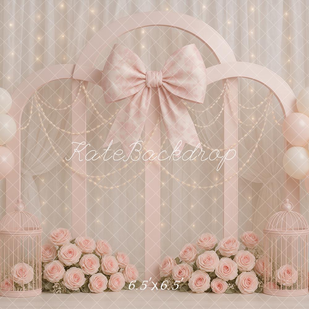Kate Birthday Pink Bows Pearls Backdrop Designed by Ashley Paul - Kate Backdrop AU