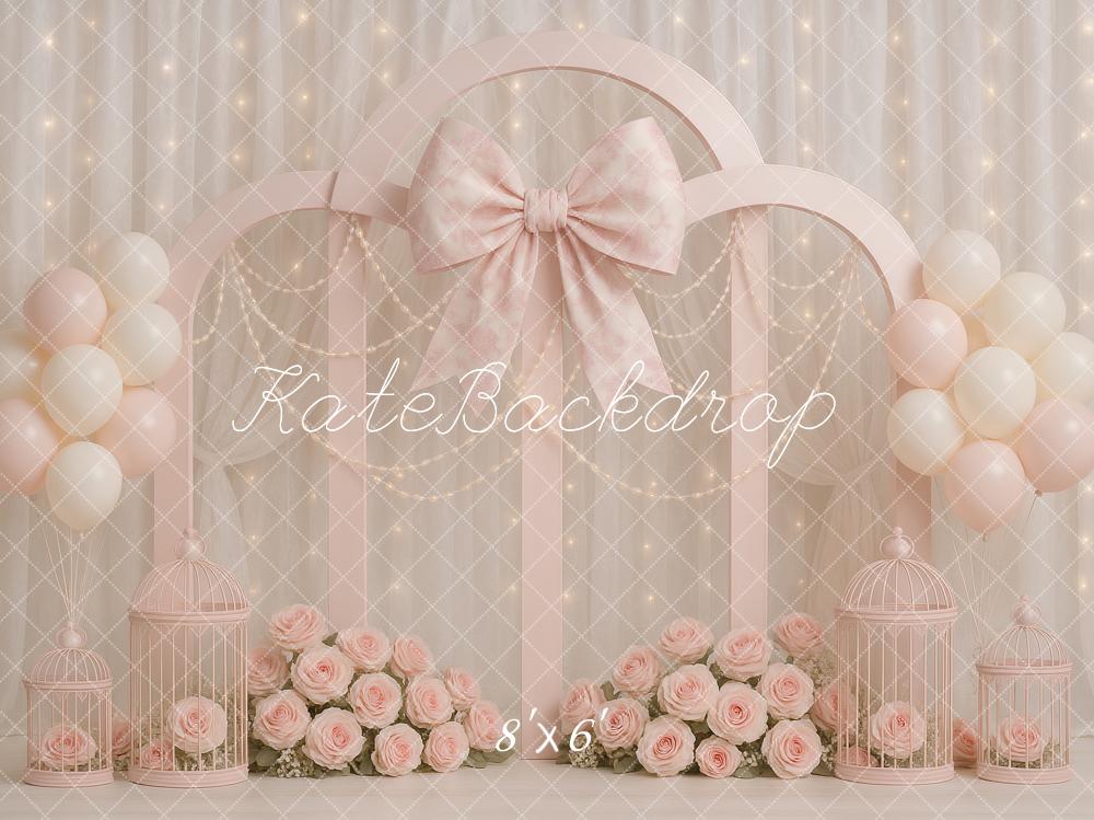 Kate Birthday Pink Bows Pearls Backdrop Designed by Ashley Paul - Kate Backdrop AU