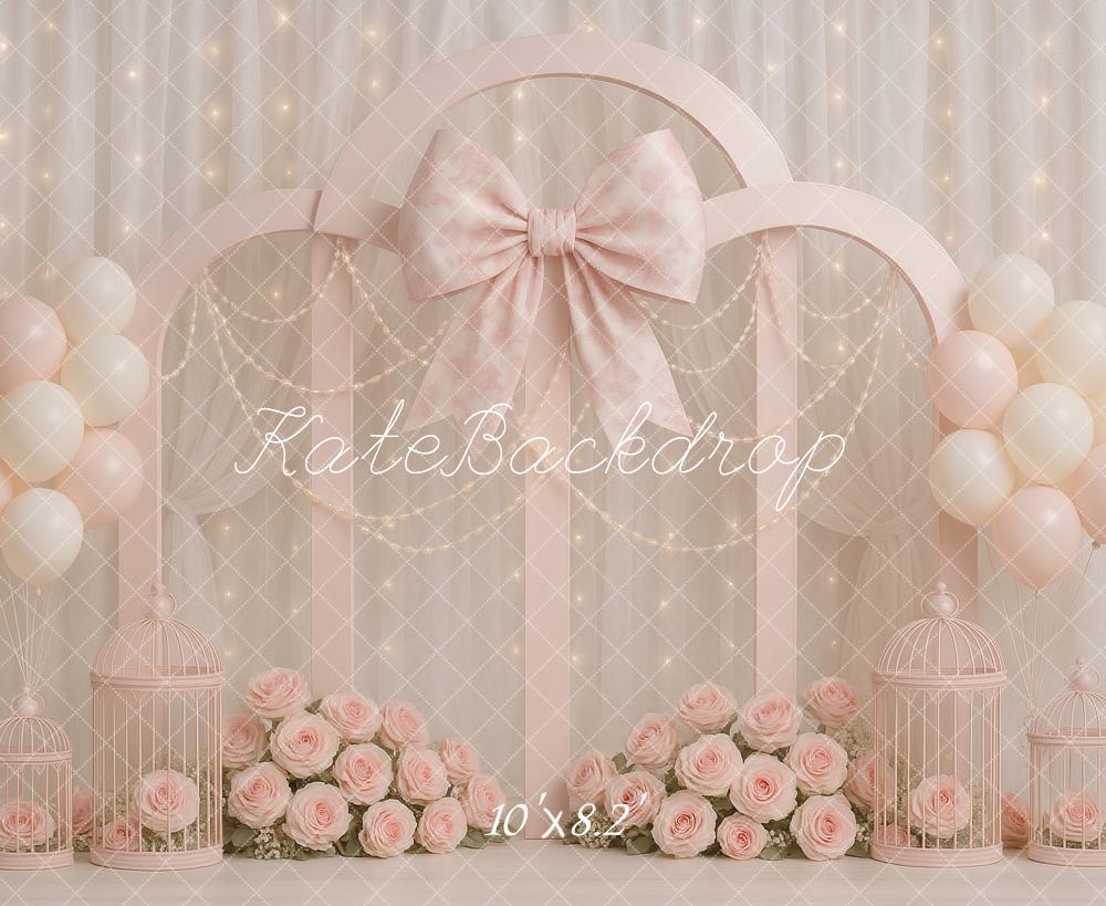 Kate Birthday Pink Bows Pearls Backdrop Designed by Ashley Paul - Kate Backdrop AU