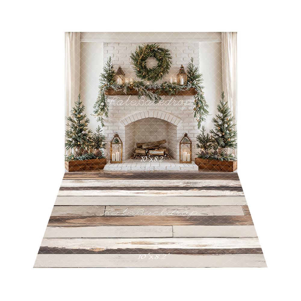 Kate Fireplace Brick Wall Christmas +Retro Wood Floor Backdrop