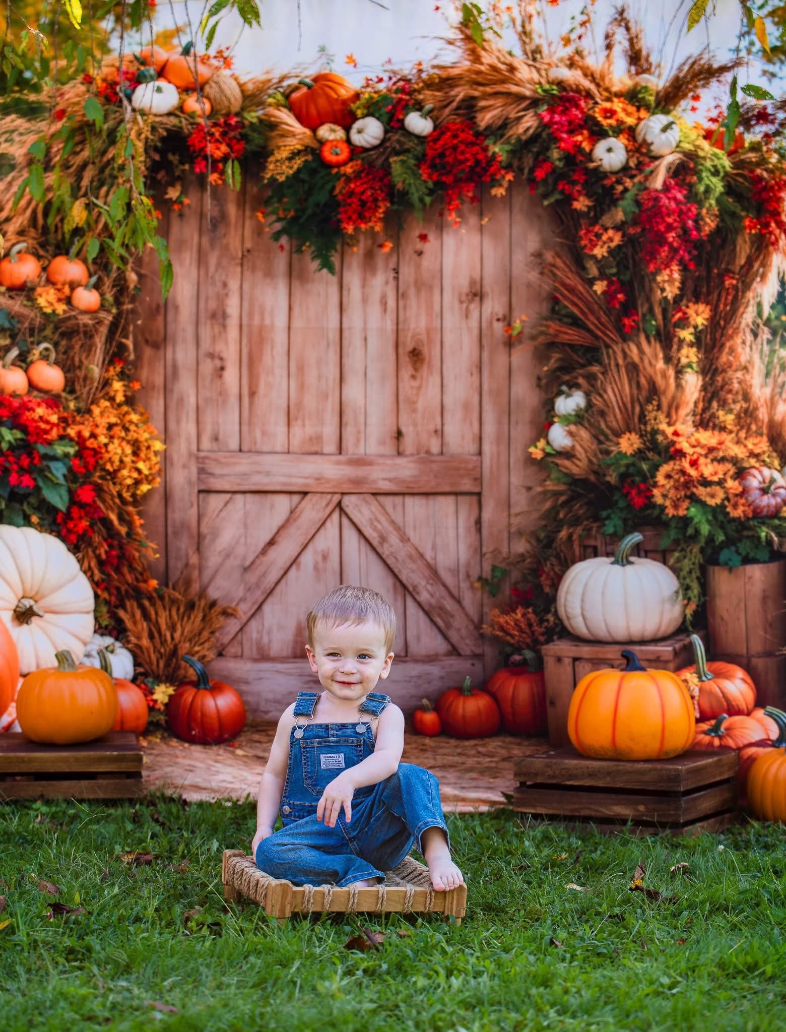 Kate Autumn Backdrop Pumpkins Hay Bales Barn Door Designed by Emetselch