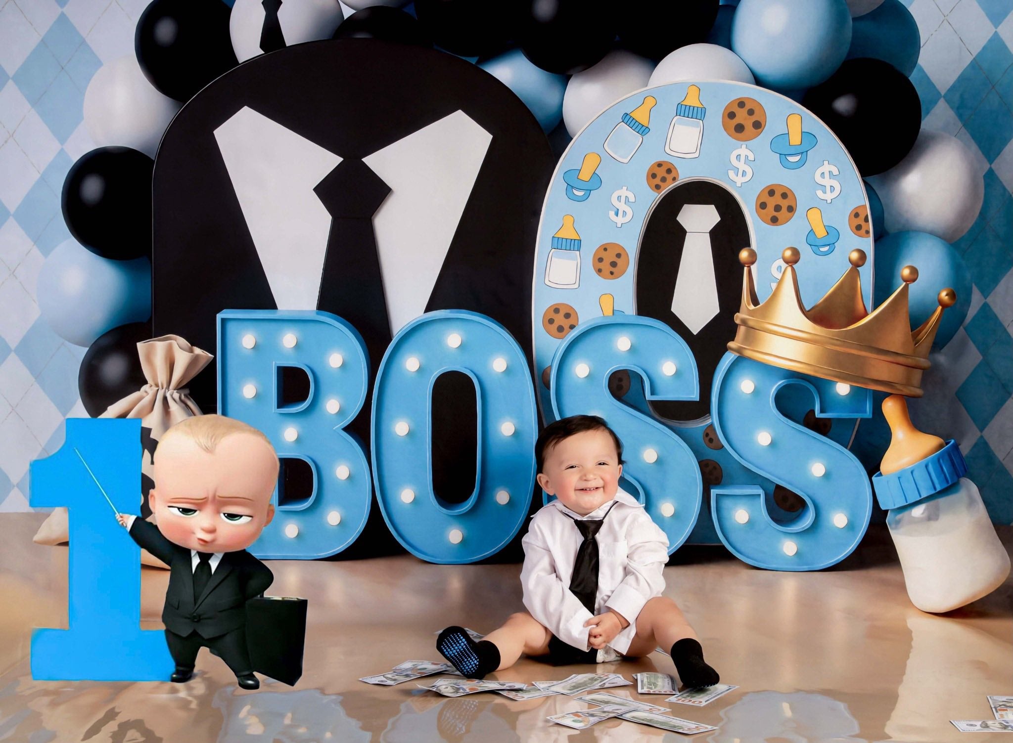 Kate Boss Suit Balloons Blue Backdrop Designed by Mini MakeBelieve - Kate Backdrop AU