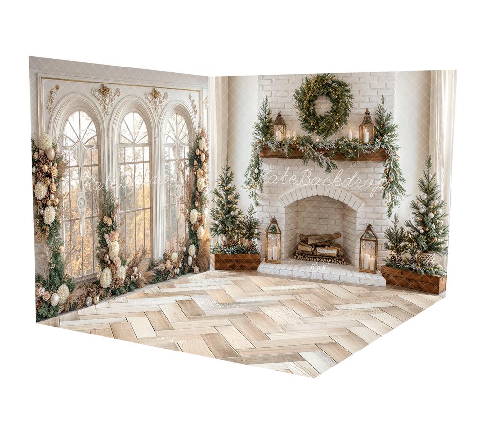 Kate Arch Window Brick Christmas Fireplace Room Set - Kate Backdrop AU