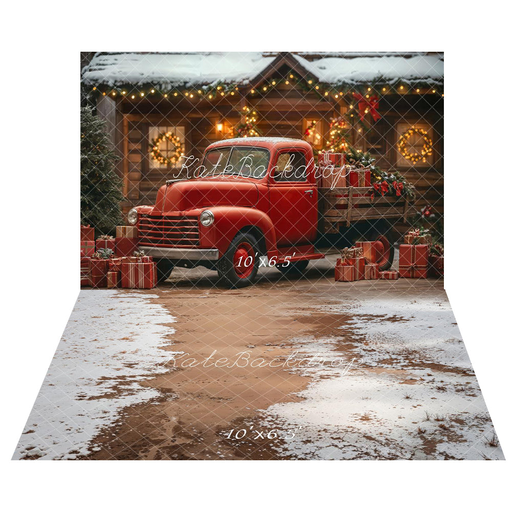 Kate Christmas Red Gifts Truck Backdrop+Snow Ground Floor Backdrop