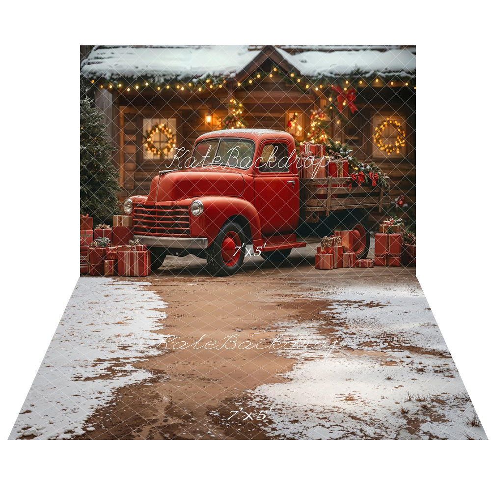 Kate Christmas Red Gifts Truck Backdrop+Snow Ground Floor Backdrop