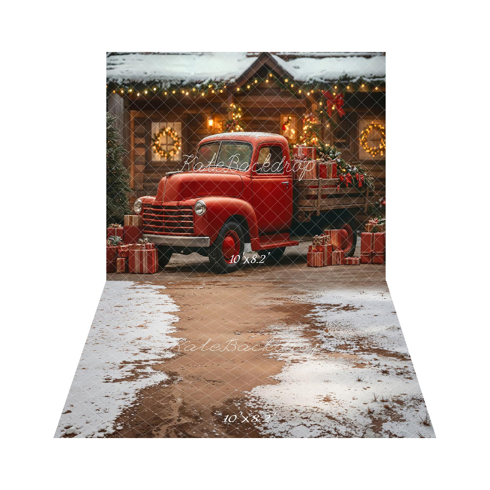 Kate Christmas Red Gifts Truck Backdrop+Snow Ground Floor Backdrop