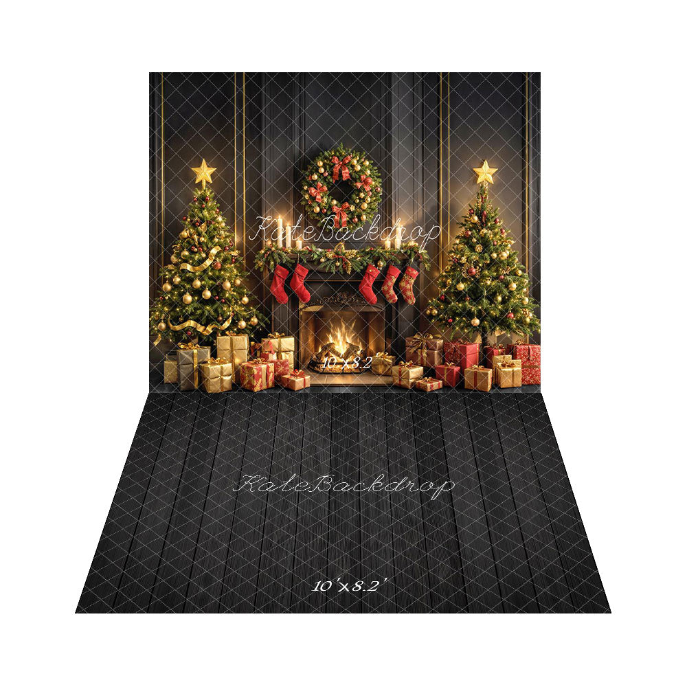 Kate Christmas Tree Fireplace Gifts Backdrop+Dark Wood Floor Backdrop