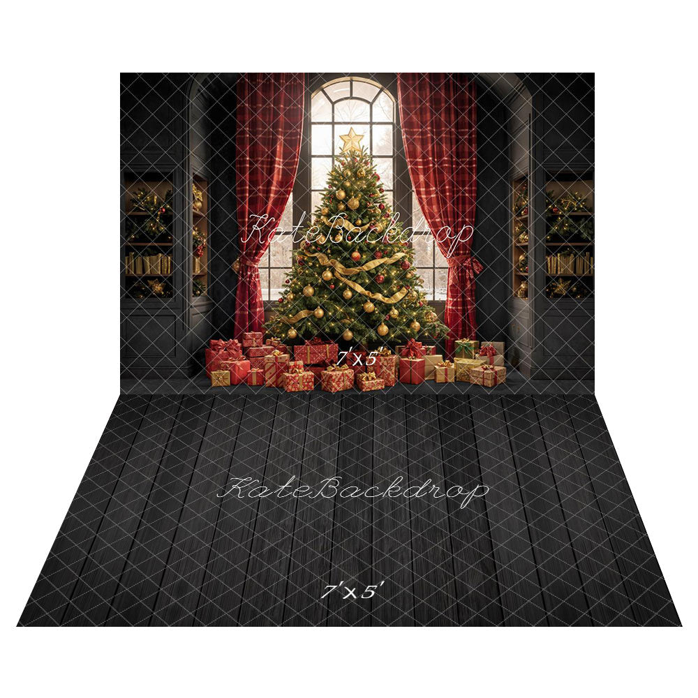 Kate Christmas Tree Gifts Window Backdrop+Dark Wood Floor Backdrop