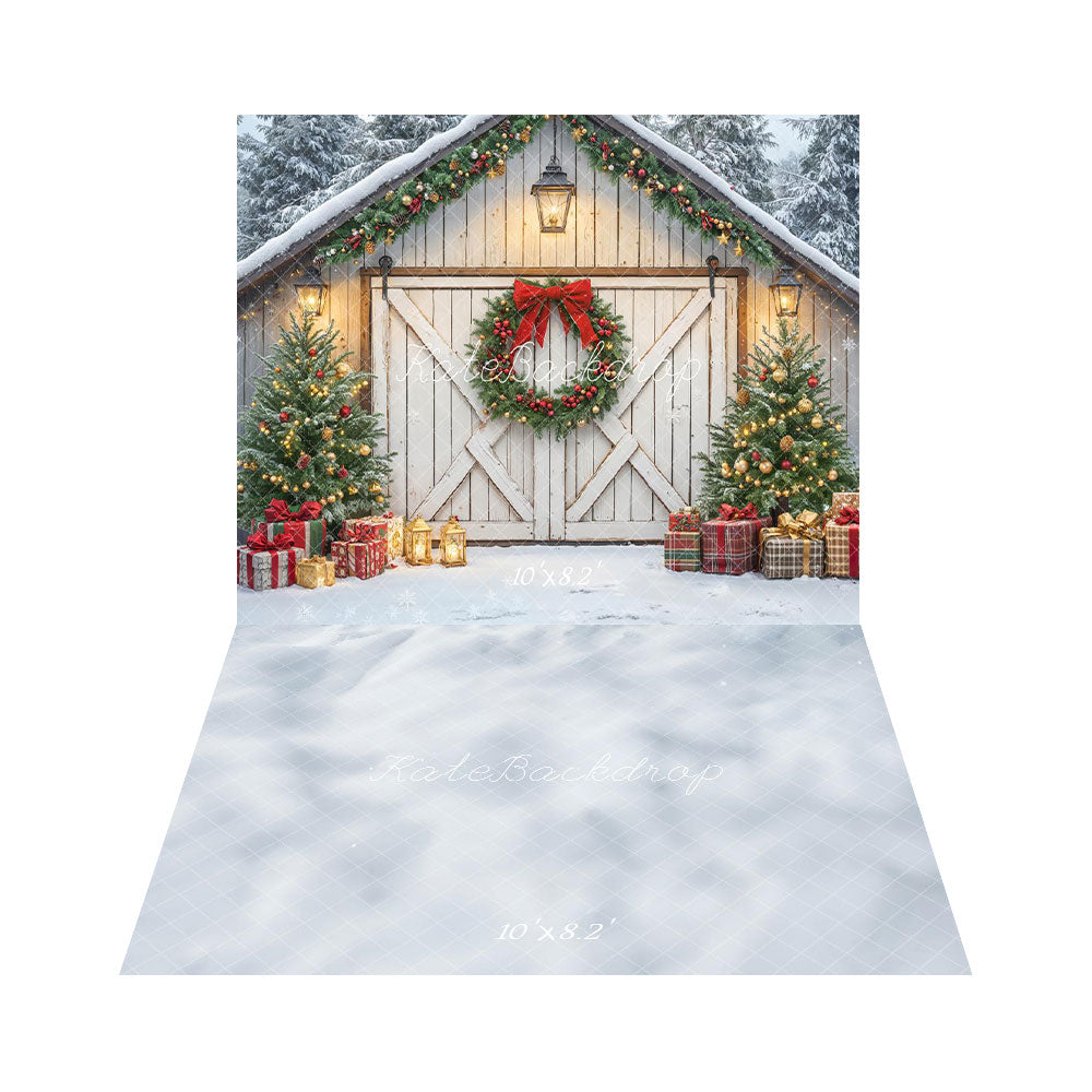 Kate Christmas Tree Cottage Wreath Backdrop+Winter Snow Floor Backdrop - Kate Backdrop AU