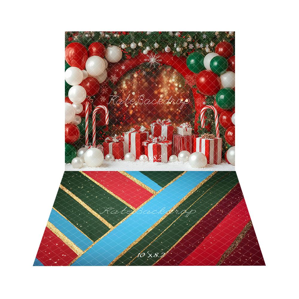 Kate Red Christmas Balloon Arch Backdorp + Red Green Stripes Floor Backdrop