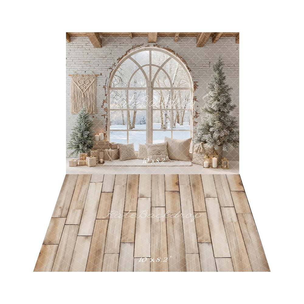 Kate Boho Brick Wall Tree Window Backdrop+Wood Floor Backdrop