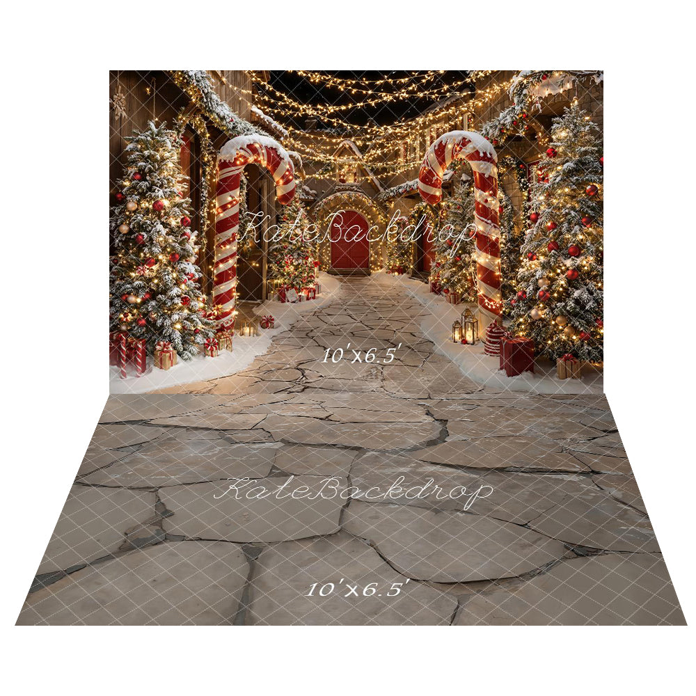 Kate Candy Christmas Street Lights Backdrop+Stone Floor Backdrop