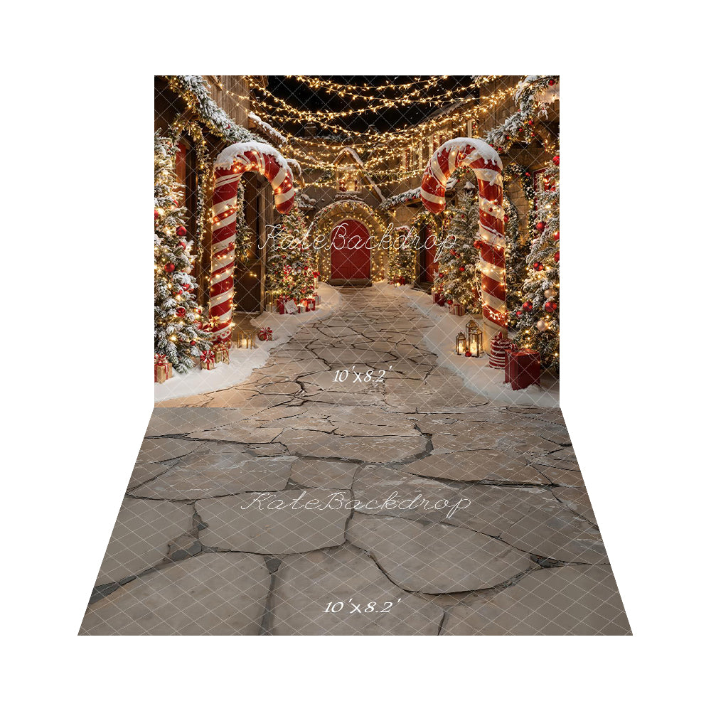 Kate Candy Christmas Street Lights Backdrop+Stone Floor Backdrop
