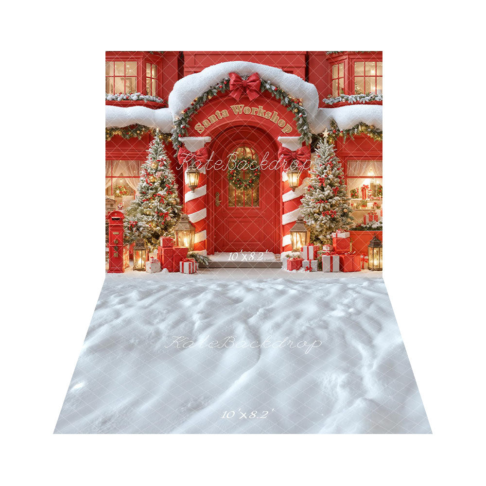 Kate Red Santa Claus Workshop Backdrop+Snow Floor Backdrop