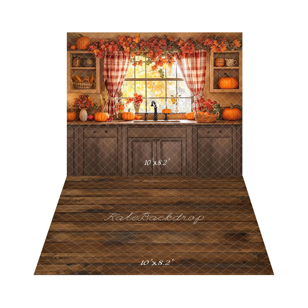 Kate Autumn Pumpkin Kitchen Backdrop+Wood Floor Backdrop