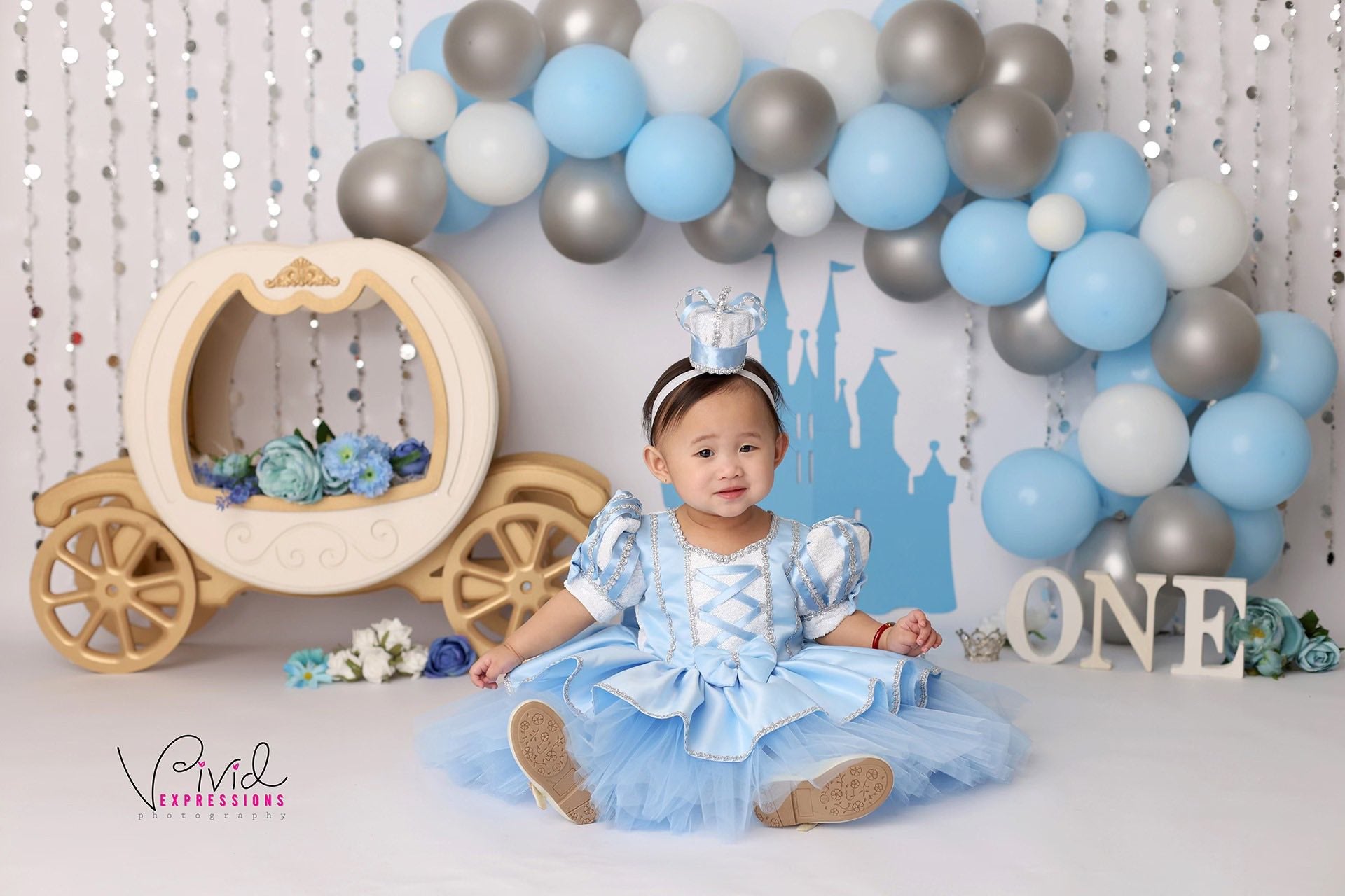 Kate Carriage Blue Castle Balloons Backdrop Designed by Melissa King
