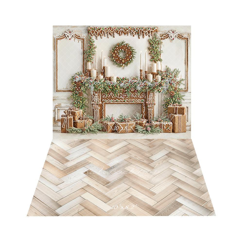 Kate Gingerbread Christmas Backdrop+Twill Wood Floor Backdrop
