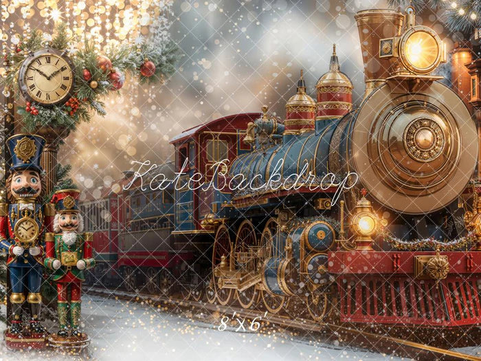 Decorative Christmas scene with a vintage train, nutcrackers, and festive lights on a Kate Backdrop.